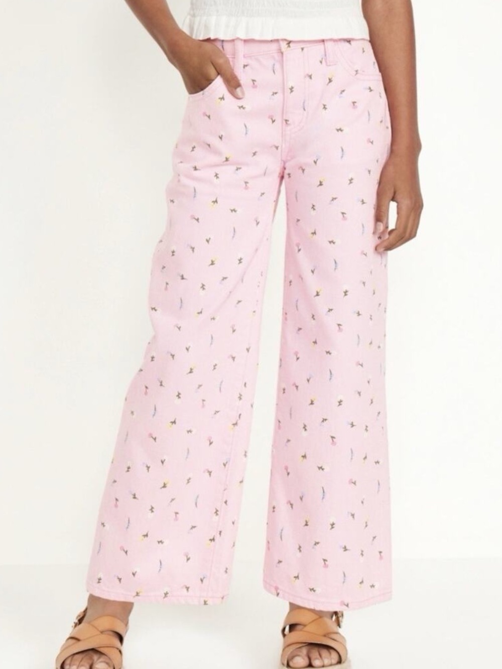 Old Navy High Rise Baggy Wide Leg Built-In Tough Pink Floral Denim Jeans Size 14